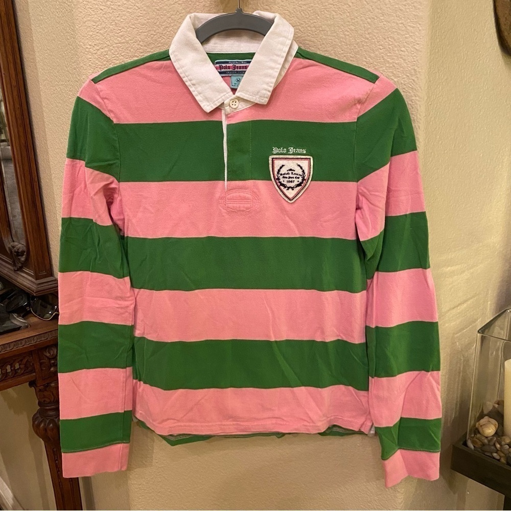 Vintage POLO JEANS Ralph Lauren Girls Kids Pink Green Stripe Rugby Top Size M